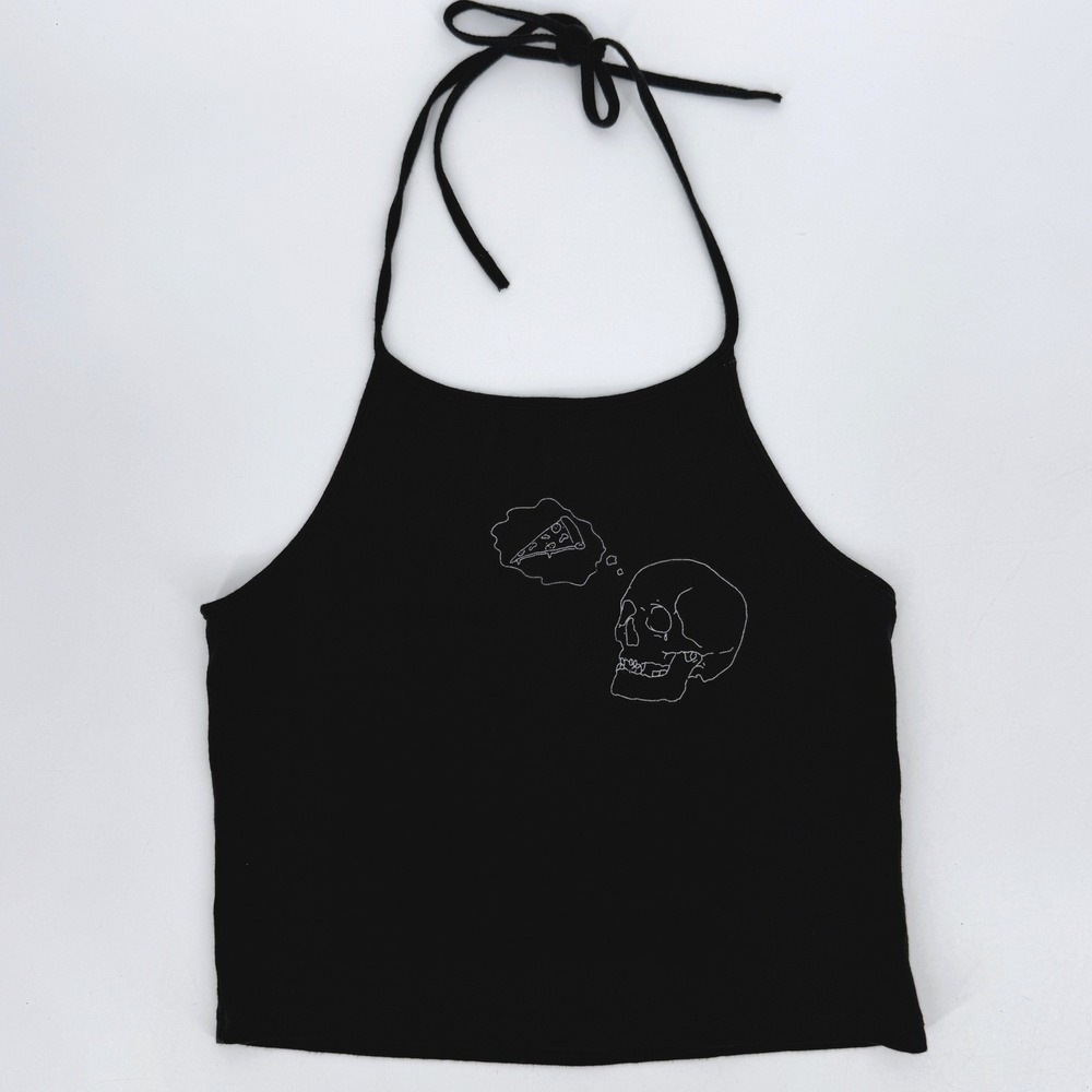 Brandy Melville John Galt Black Cropped Skeleton Pizza Halter Top‎